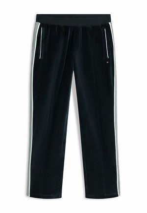 Black velour track pants with white side stripes, zippered front pockets, and elastic waistband, laid flat on a white background.