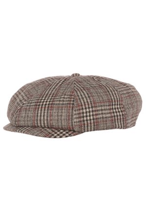 Brun og beige tweed flad kasket med ternet og hundetandsmønster, med en lille skygge og knap på toppen.