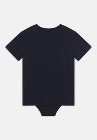Mørkeblå kortærmet bodysuit med rund halsudskæring og trykknaplukning i bunden. Glat stof med et enkelt design.