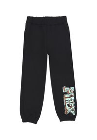 Pantaloni della tuta neri con cintura elastica e polsini, caratterizzati da un vivace design del logo "PYREX" sulla gamba sinistra. Tessuto morbido, vestibilità rilassata.