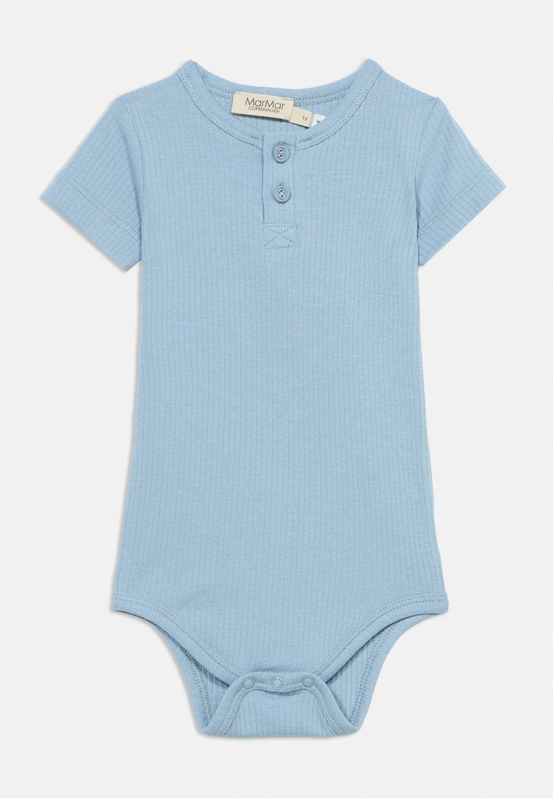 Ανοιχτό μπλε ριγωτό κορμάκι μωρού με κοντά μανίκια, δύο κουμπιά μπροστά και κλεισίματα με κλιπ στο κάτω μέρος, μέγεθος 1 έτους.