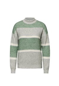 Stickad tröja med hög hals, gröna och grå horisontella ränder, samt en mjuk textur med ribbade mudd och nederkant.