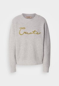Grey ribbed sweater with a crew neckline and long sleeves. Features the word "Create" in gold lettering across the front.