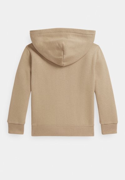 Sweatshirt com capuz em bege, feito de tecido texturizado. Apresenta mangas compridas, punhos e bainha canelados, com um design simples e limpo.