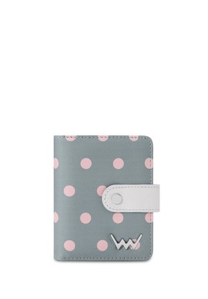Gray wallet with pink polka dots, featuring a white snap closure and metallic logo accent. Smooth, synthetic material with a rectangular shape.