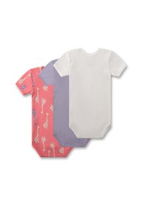 Set aus drei Kurzarm-Bodysuits: einer rosa mit Giraffenmuster, einer lila und einer schlicht weißen, aus weichem Baumwollmaterial.