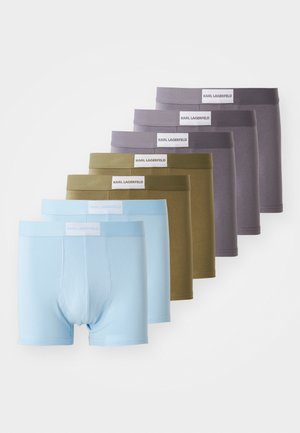 Set of six pairs of men's boxer briefs: light blue, olive green, and shades of gray; elastic waistbands with "KARL LAGERFELD" branding.