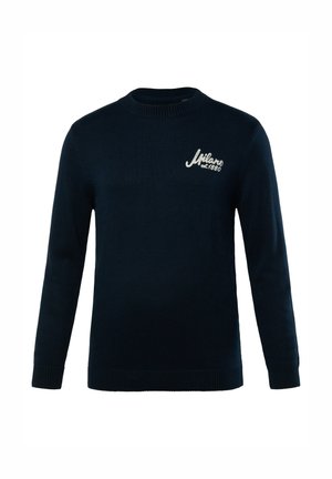 Marine gebreide trui met een ronde hals. Beschikt over geribde boorden en zoom. Borduursel "Milano est 1880" in het wit op de voorkant.