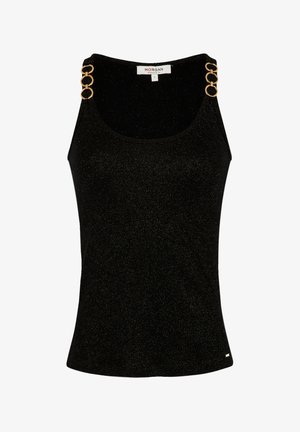 Sort tanktop med en skinnende tekstur, der har guld cirkulære hardware detaljer på skulderstropperne. Slank og tætsiddende design.