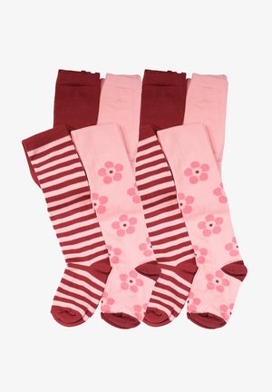 Four pairs of socks: solid burgundy, solid pink, pink with floral patterns, and pink with burgundy stripes. Made of soft fabric.