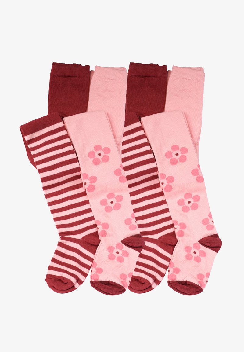 Quattro paia di calze: bordeaux uniforme, rosa uniforme, rosa con fantasie floreali e rosa con strisce bordeaux. Realizzate in tessuto morbido.