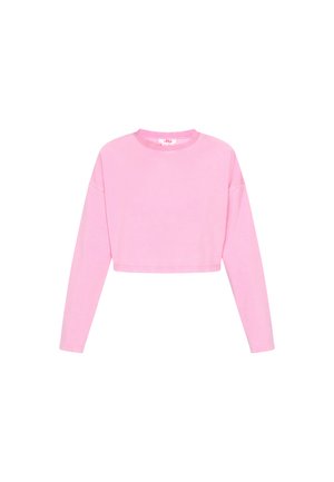 Top scurt cu mânecă lungă din material moale roz pal. Prezintă un decolteu rotund și umeri căzuți. Design simplu, fără embellishments.