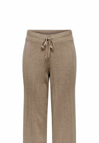Pantalones de pierna ancha beige con textura acanalada, cinturilla elástica y detalle de cordón ajustable en la cintura. Acentos de costura vertical.