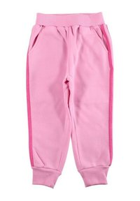 Pantalon de jogging en coton rose avec une ceinture côtelée, des poches latérales et des bandes latérales roses contrastantes. Ourlets resserrés aux chevilles.