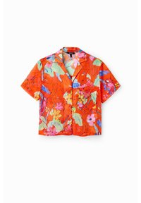 Chemise à manches courtes, col, de couleur orange vif avec un motif floral multicolore. Tissu léger avec une coupe décontractée et un devant sans boutons.