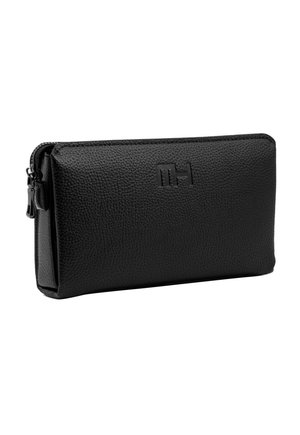 Schwarzes strukturiertes Lederetui mit Reißverschluss, Prägung des Logos auf der Vorderseite, rechteckige Form und seitlichem Reißverschluss-Zuglasche.