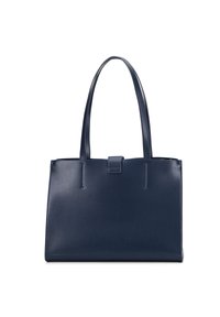 Granatowa torba skórzana na ramię o dwóch długich uchwytach, prostokątnym kształcie, gładkiej fakturze, z centralnym zapięciem i stębnowanymi detalami.