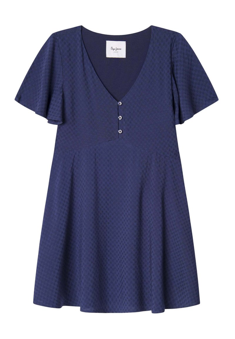 Vestido azul marino con mangas cortas de volantito, escote en forma de V y botones en la parte delantera. Confeccionado en una tela texturizada con falda acampanada.
