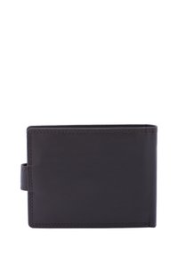 Portafoglio in pelle marrone con una texture liscia, design bi-fold e bordi cuciti. Presenta un anello laterale per la chiusura. Forma rettangolare.