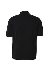 Polo noir à manches courtes vu de dos avec un col et un ourlet droit sur fond blanc.