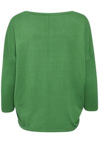 Zielony sweter dziany o luźnym kroju, szerokim dekolcie i rękawach do łokcia. Charakteryzuje się gładką fakturą i subtelnym detalem szwu.
