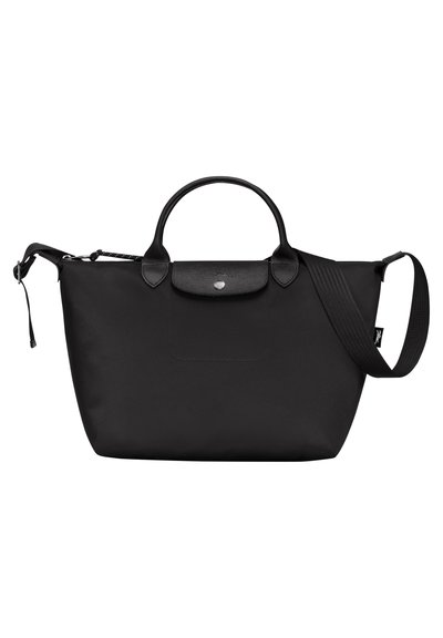 Schwarze Tragetasche aus strapazierfähigem Stoff, mit Doppelgriffen, einem abnehmbaren Schulterriemen und einer Fronttasche mit Druckverschluss.