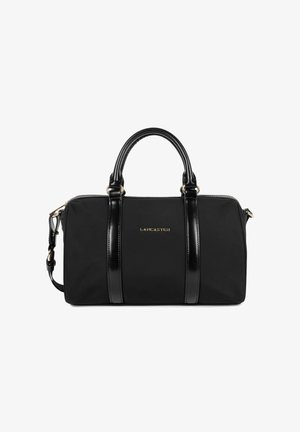 Zwarte rechthoekige handtas met dubbele handvatten, afneembare schouderriem en een goudkleurig "Lancaster"-logo in het midden aan de voorkant.