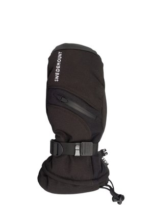 Black insulated mitten with a soft-shell exterior, zipper pocket, adjustable wrist strap, and drawstring closure at the cuff.