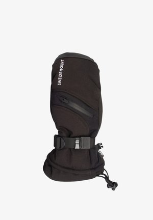 Schwarze isolierte Fausthandschuhe mit einem Softshell-Außenmaterial, Reißverschlusstasche, verstellbarem Handgelenkriemen und Kordelzugverschluss am Bündchen.