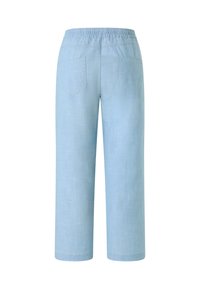 Helle blaue Caprihosen aus weichem Stoff, mit einem elastischen Bund, zwei aufgenähten Gesäßtaschen und einem geraden Beindesign.