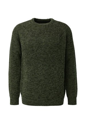 Donkergroen gebreide trui met een ronde hals, geribde manchetten en zoom. Textuurpatroon over de hele trui, met een ontspannen pasvorm en raglanmouwen.