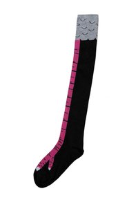 Sorte knæhøje sokker med et pink-stribet design langs siden, grå mønstret manchet og en rund tå. Blød stoftekstur.
