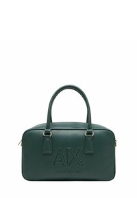 Borsa a tracolla in pelle verde scuro con doppie maniglie, logo "AX Armani Exchange" in rilievo sul davanti e zip dorate su entrambi i lati.