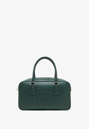 Borsa a tracolla in pelle verde scuro con doppie maniglie, logo "AX Armani Exchange" in rilievo sul davanti e zip dorate su entrambi i lati.