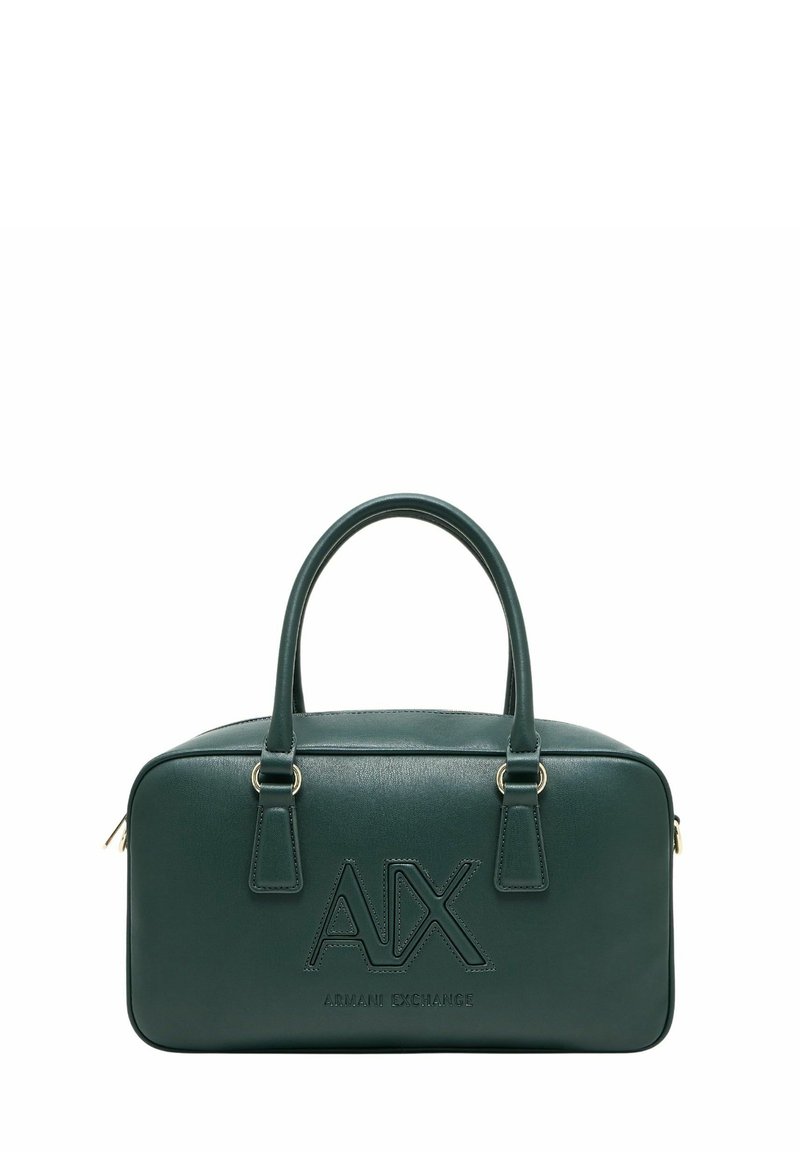 Borsa a tracolla in pelle verde scuro con doppie maniglie, logo "AX Armani Exchange" in rilievo sul davanti e zip dorate su entrambi i lati.