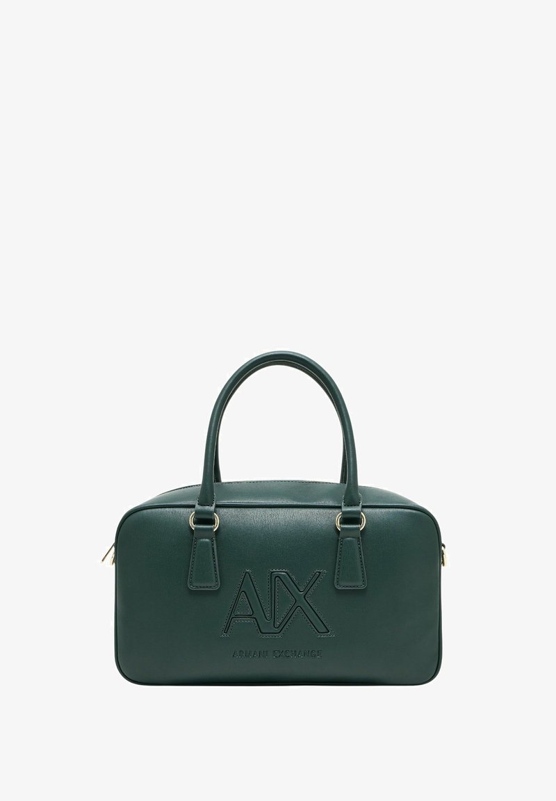 Borsa a tracolla in pelle verde scuro con doppie maniglie, logo "AX Armani Exchange" in rilievo sul davanti e zip dorate su entrambi i lati.