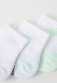 Tre par ribbade ankelsockor i vitt med pastellfärgade detaljer: lila, ljusblå och ljusgrön. Mjukt tyg med logotypdetalj.