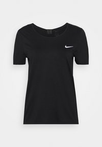 Svart kortärmad Nike Dri-FIT T-shirt med vit swoosh-logga på vänster bröst, rund halsringning och figurnära passform.