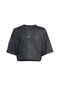 Krótki top w czarnym kolorze z szarym nadrukiem w cętki leopardzie; krótkie rękawy; okrągły dekolt; na przodzie logo Adidas; miękki, lekki materiał.