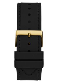 Schwarzes Gummiuhrband mit einer goldenen Metallschnalle. Verfügt über genähte Akzente und mehrere Einstelllöcher zur Größenanpassung.