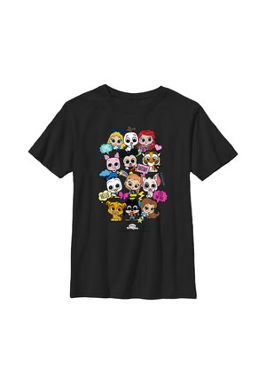 Sort t-shirt med farverige chibi-stilte tegneseriefigurer fra Disney-film og talebobler med teksten OMG, WOW, HELLO og EYES ON YOU.