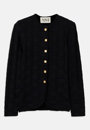 Black cardigan with textured fabric featuring a woven pattern. Gold hardware buttons down the front, round neckline, and long sleeves.