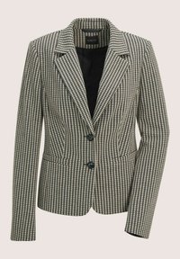 Damenblazer im taillierten Schnitt mit schwarz-beigem Hahnentrittmuster, zwei schwarzen Knöpfen, Reverskragen und langen Ärmeln.