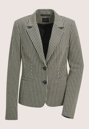 Damenblazer im taillierten Schnitt mit schwarz-beigem Hahnentrittmuster, zwei schwarzen Knöpfen, Reverskragen und langen Ärmeln.