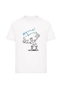 White cotton t-shirt featuring a black cartoon character with spiky hair, arms raised, and the text “Normal is boring” in blue above.