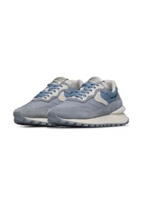 Gray and light blue sneakers with suede and mesh upper, white accents, round laces, and a textured rubber sole.