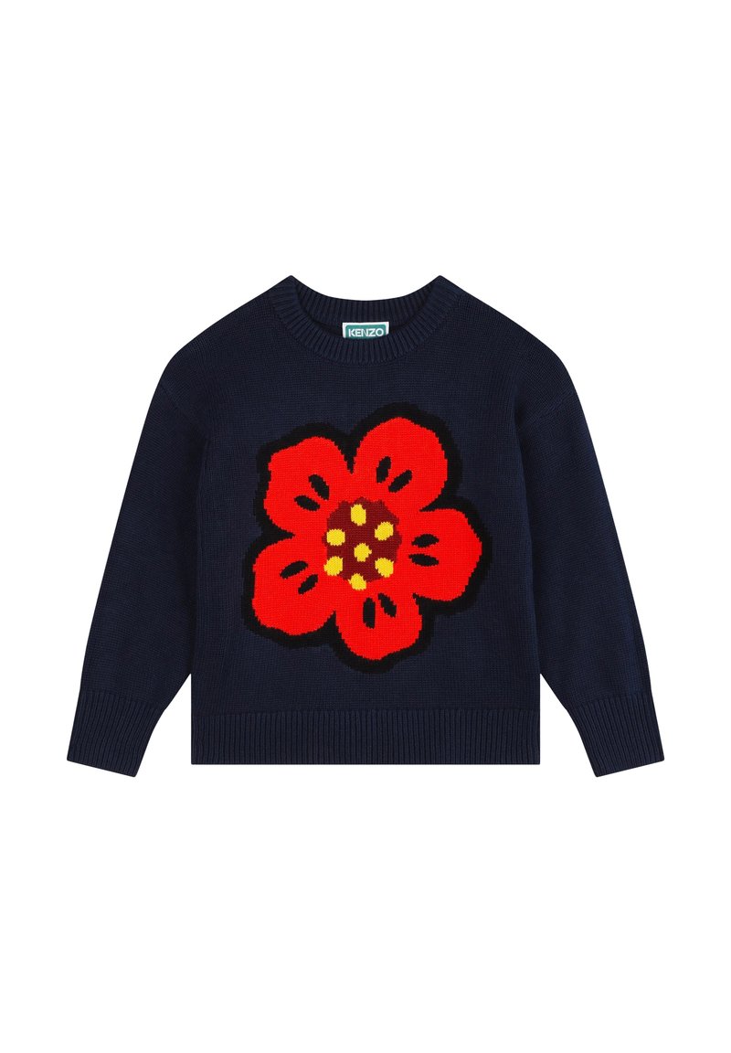 Pull en tricot bleu marine avec un grand motif de fleurs rouges et des accents jaunes, col rond, et poignets et ourlet côtelés.