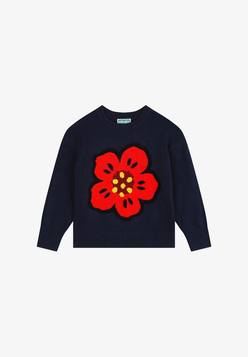 Marine gebreide sweater met een groot rood bloemenpatroon en gele accenten, ronde halslijn en geribde mouwen en onderrand.