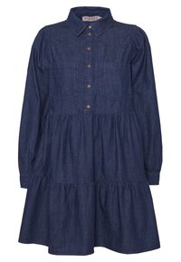 Denimmekko, jossa on napitettu etuosa, kauluksellinen kaula-aukko, pitkät puffhihat, kaksi rintataskua ja kerroksellinen hame tummansinisessä värissä.