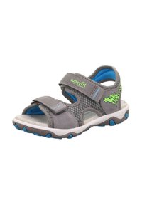 Grau Sandale mit Mesh-Obermaterial, blauen Akzenten und verstellbaren Riemen. Verfügt über eine strukturierte Sohle mit Profil für Grip und Komfort.
